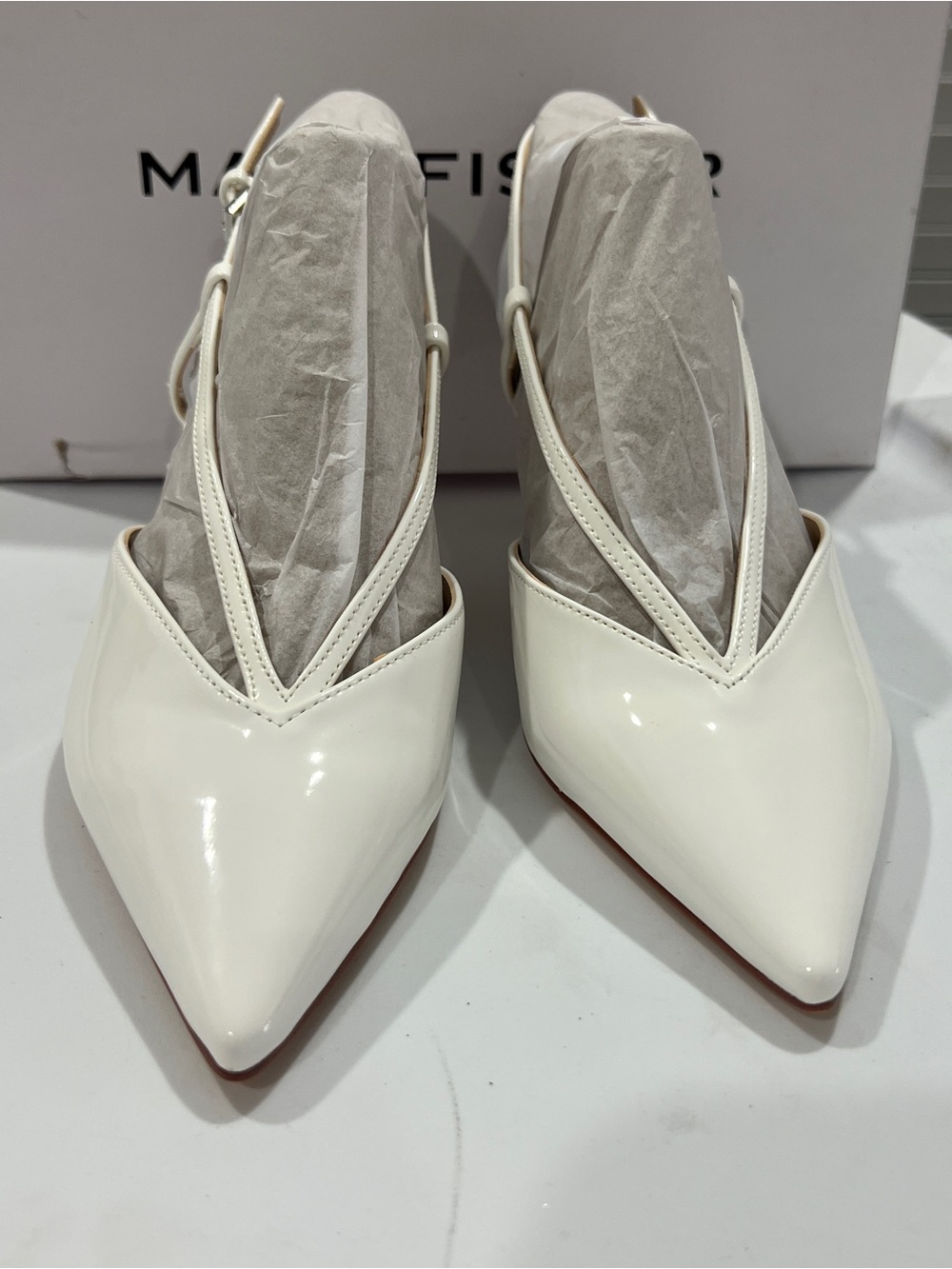 Marc Fisher White Patent Pointed Slingback Heels - Avila